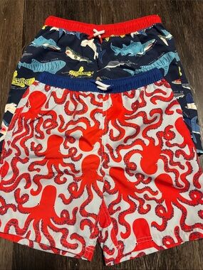 Mini Boden 10-11Y Red Octopus and Shark Print Swim Trunks Set